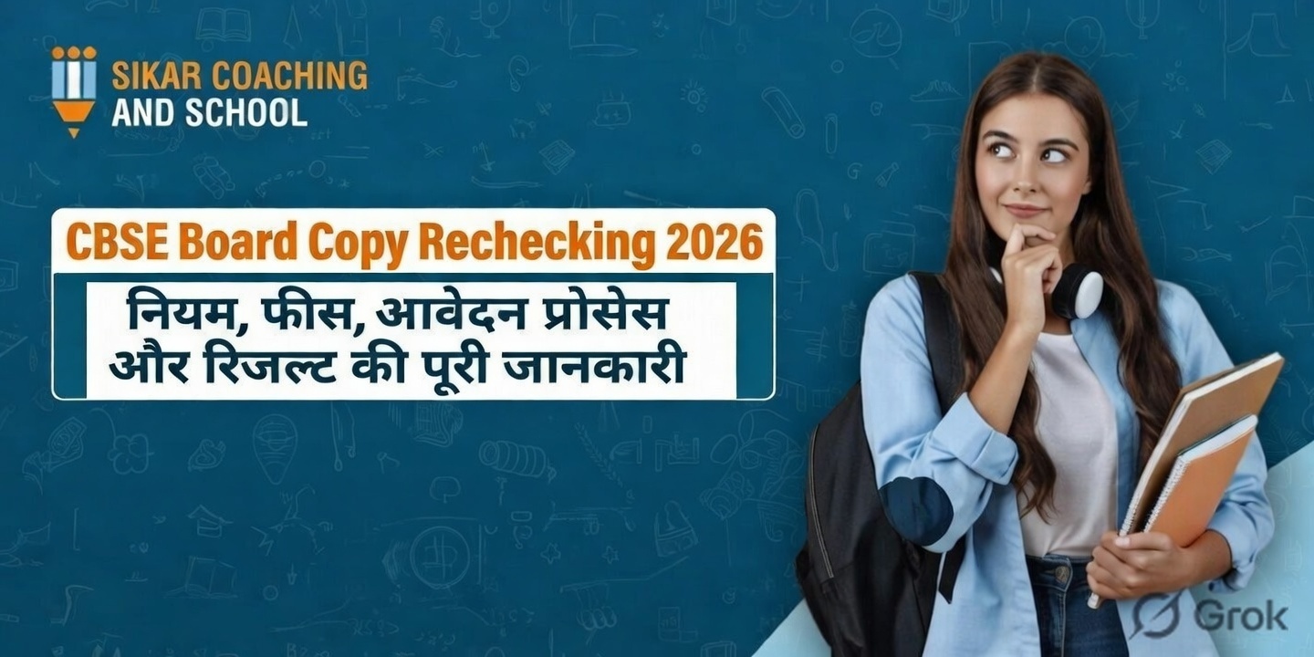 "एक युवा छात्रा बैग और किताबें लिए सोच में डूबी हुई, होंठ पर उंगली रखे विचार करती हुई, नीले बैकग्राउंड पर CBSE बोर्ड कॉपी रीचेकिंग 2026 के बारे में जानकारी वाला एजुकेशनल पोस्टर। टाइटल: CBSE Board Copy Rechecking 2026 - नियम, फीस, आवेदन प्रक्रिया और रिजल्ट की पूरी जानकारी। सिकर कोचिंग एंड स्कूल का लोगो ऊपर।"